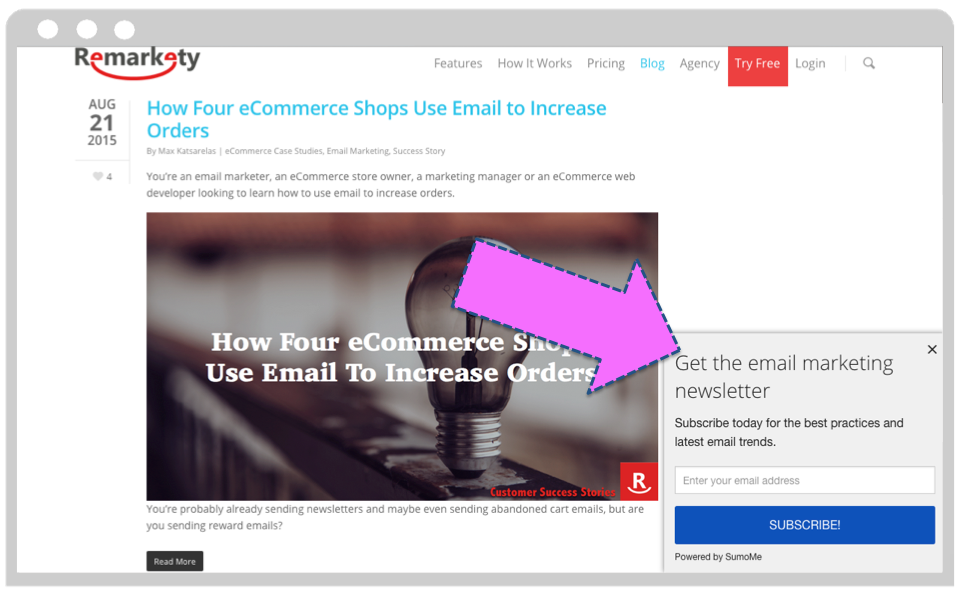 Example of email capture tool