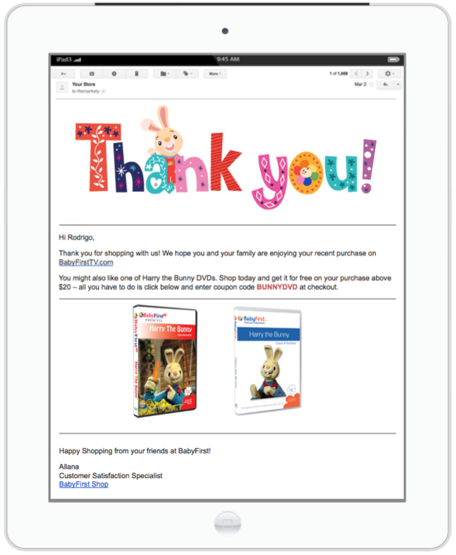 Thank you email example with reward and coupon