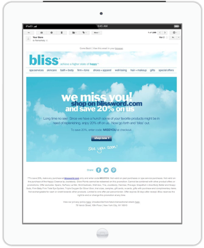 Bliss inactive customer automated email 