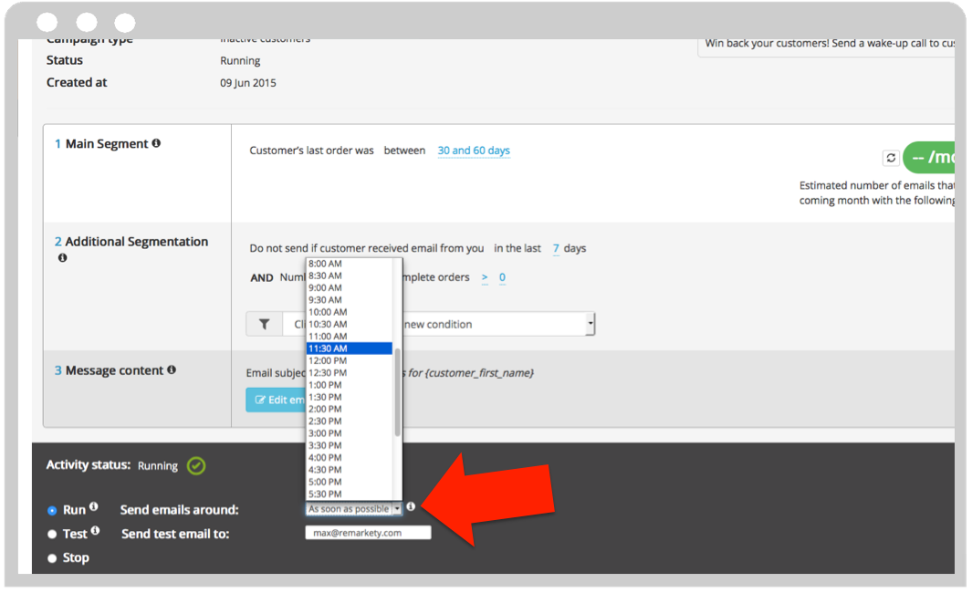 Remarkety new features send time