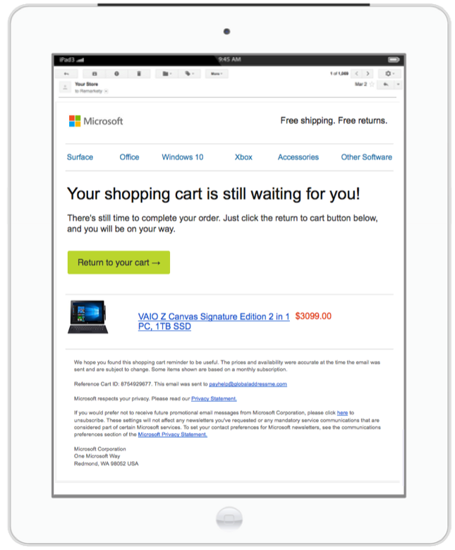 Abandoned Cart Email example Microsoft Tech